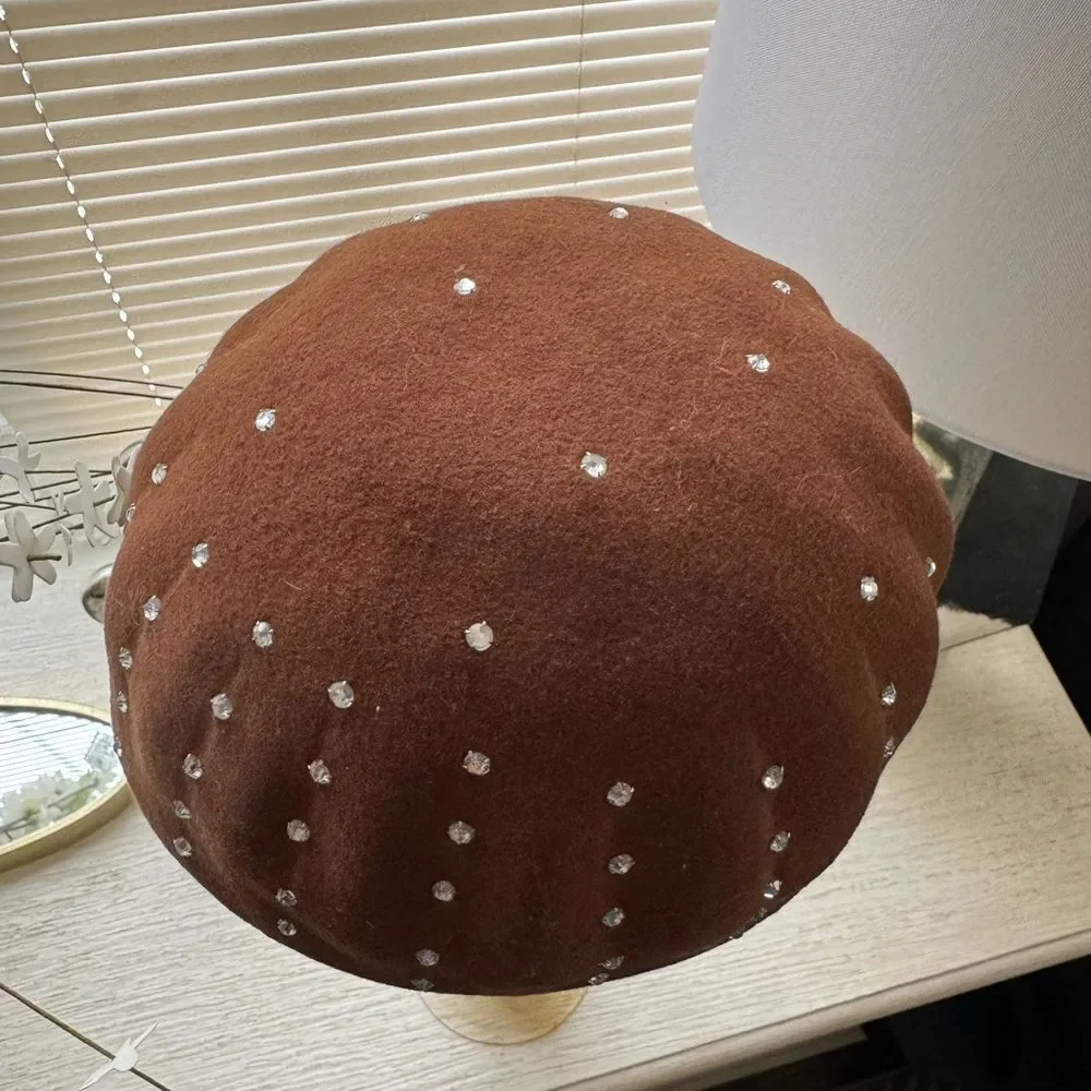 VTG Brown Wool Rhinestone Studded Hat